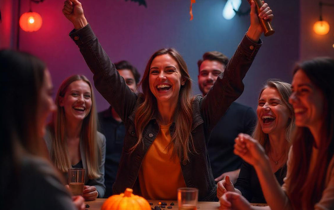 A joyful Halloween party where the game winner celebrates holding a prize, while friends smile and envy in the festive atmosphere with pumpkins and bats.